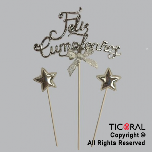 CAKE TOPPER CON 2 ESTRELLAS FELIZ CUMPLEAOS PLATA